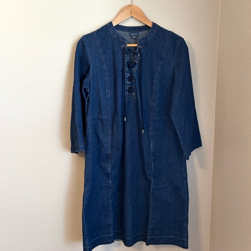 J.Jill Blue Denim Shift Dress Medium Raw Hem Lace-Up Neck 3/4 Sleeve Casual - Picture 2 of 8